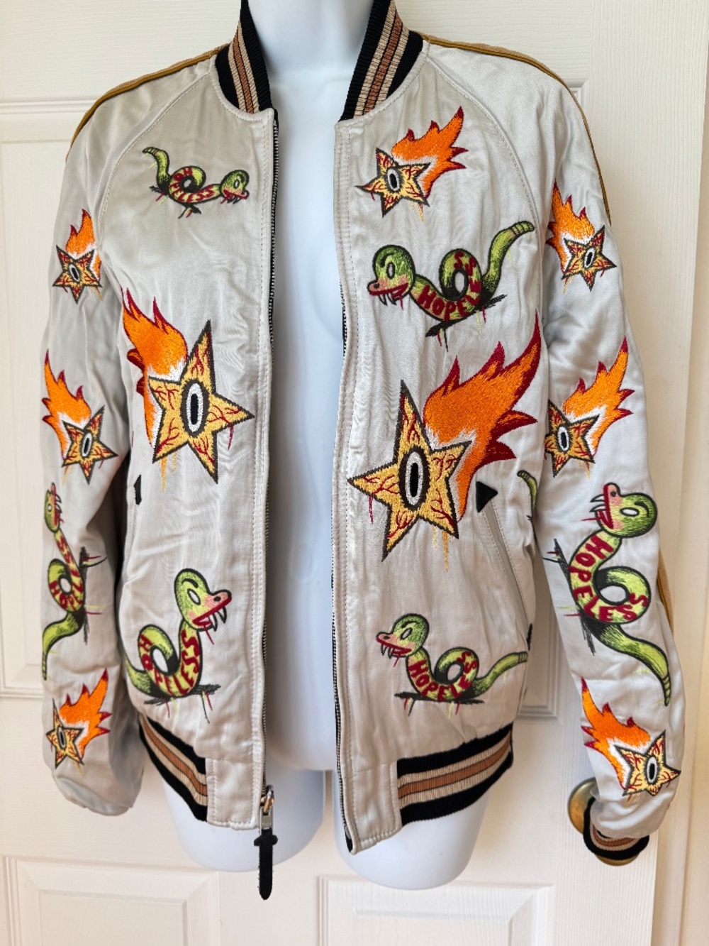 Coach 1941 Wild Beasts Reversible Embroidered Bomber Jacket Womens 58809 Satin